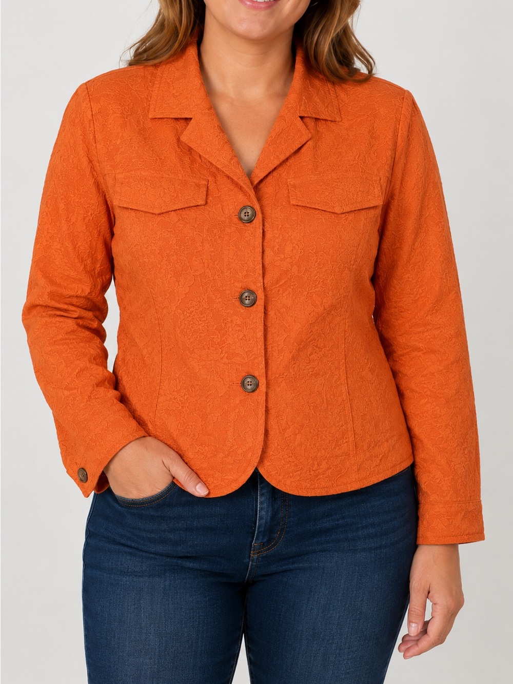 Coldwater Creek Burnt Orange Textured Floral Embroidered Jacket Size 14